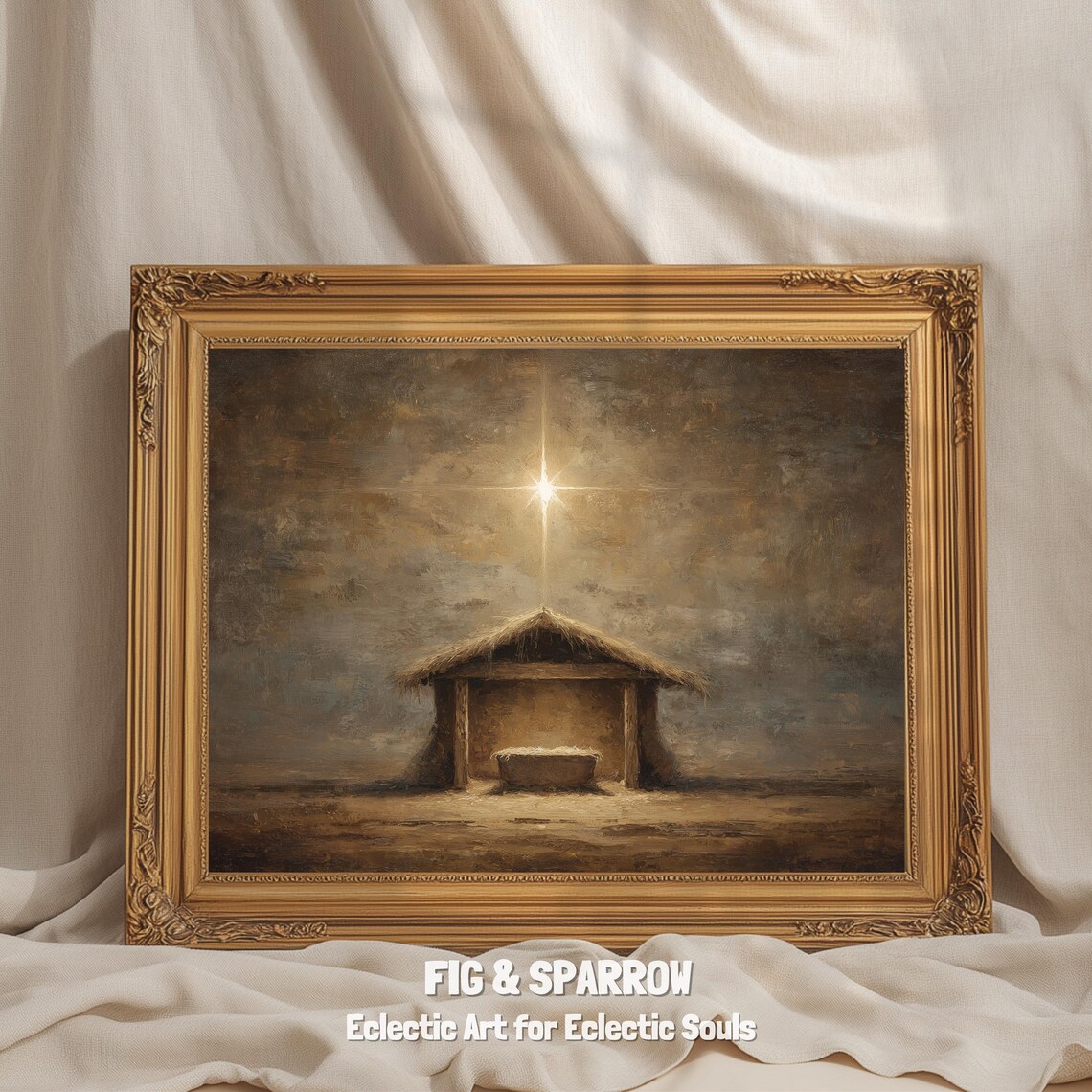 Minimal Nativity Scene Christmas Poster Neutral Manger Bethlehem Star Art