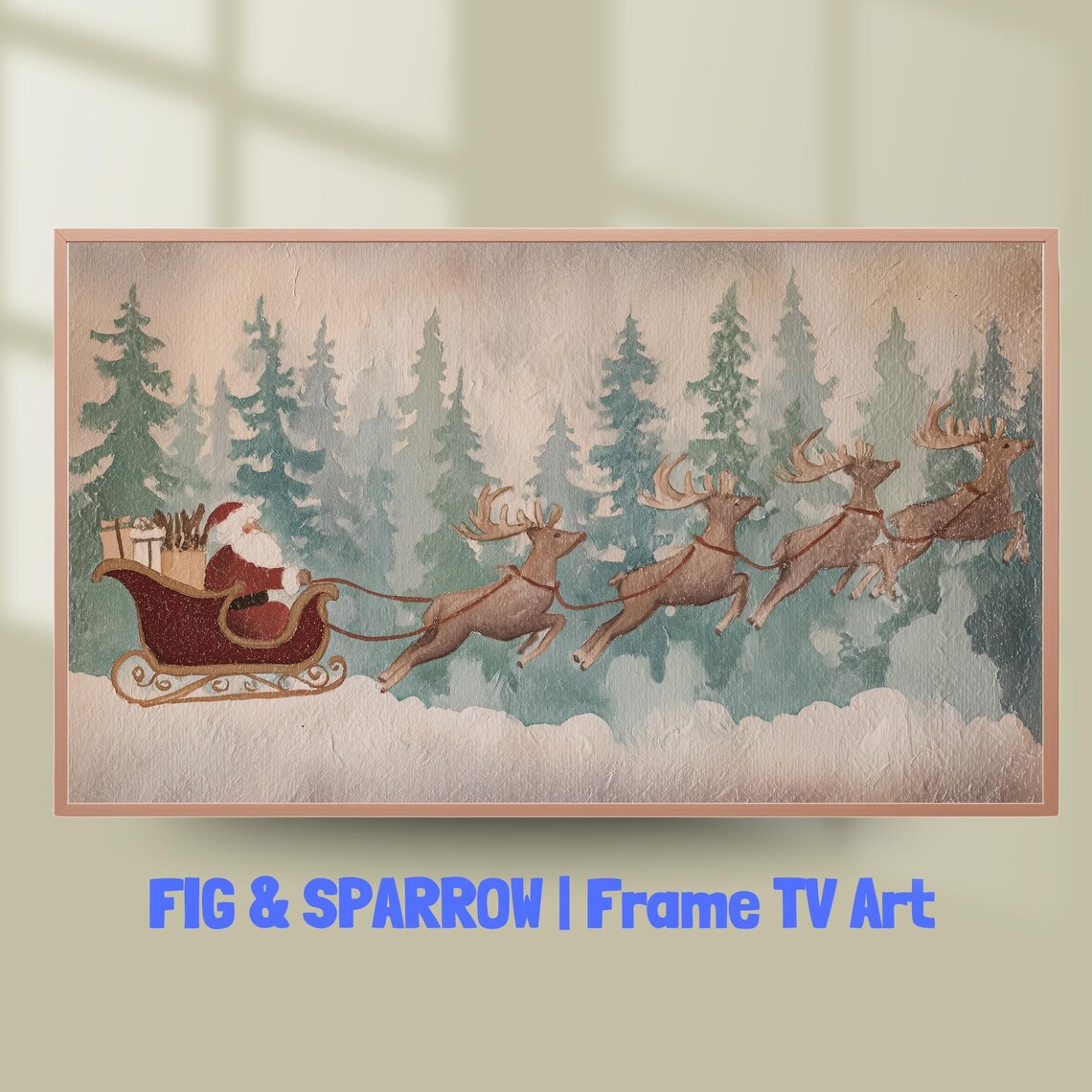 Santa Sleigh Reindeer Vintage Christmas Eve Holiday Wall Art