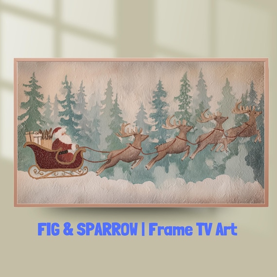Santa Sleigh Reindeer Vintage Christmas Eve Holiday Wall Art