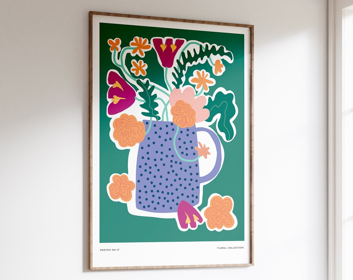 Bold Floral Bouquet Green Botanical Art Poster No 17 Flower Market