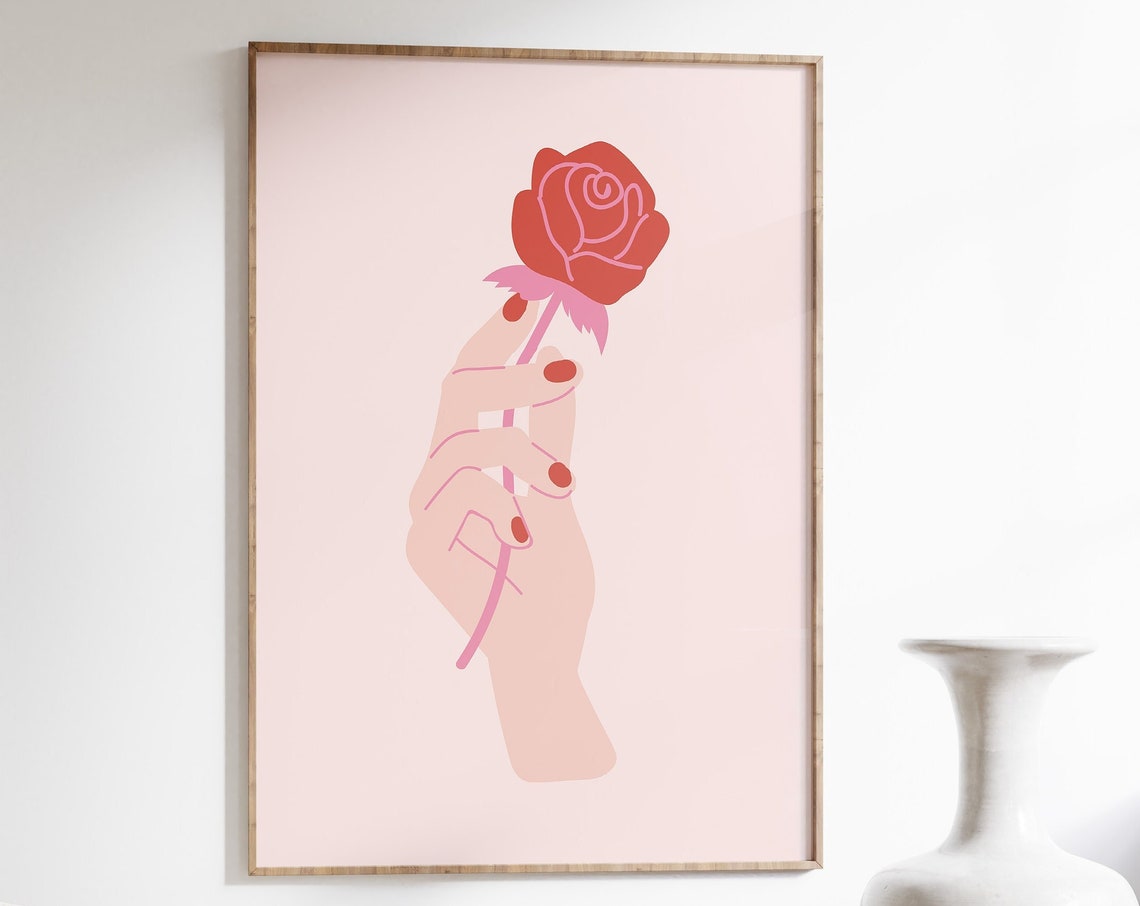 Hand Holding Red Rose Minimal Pink Romantic Feminine Wall Art