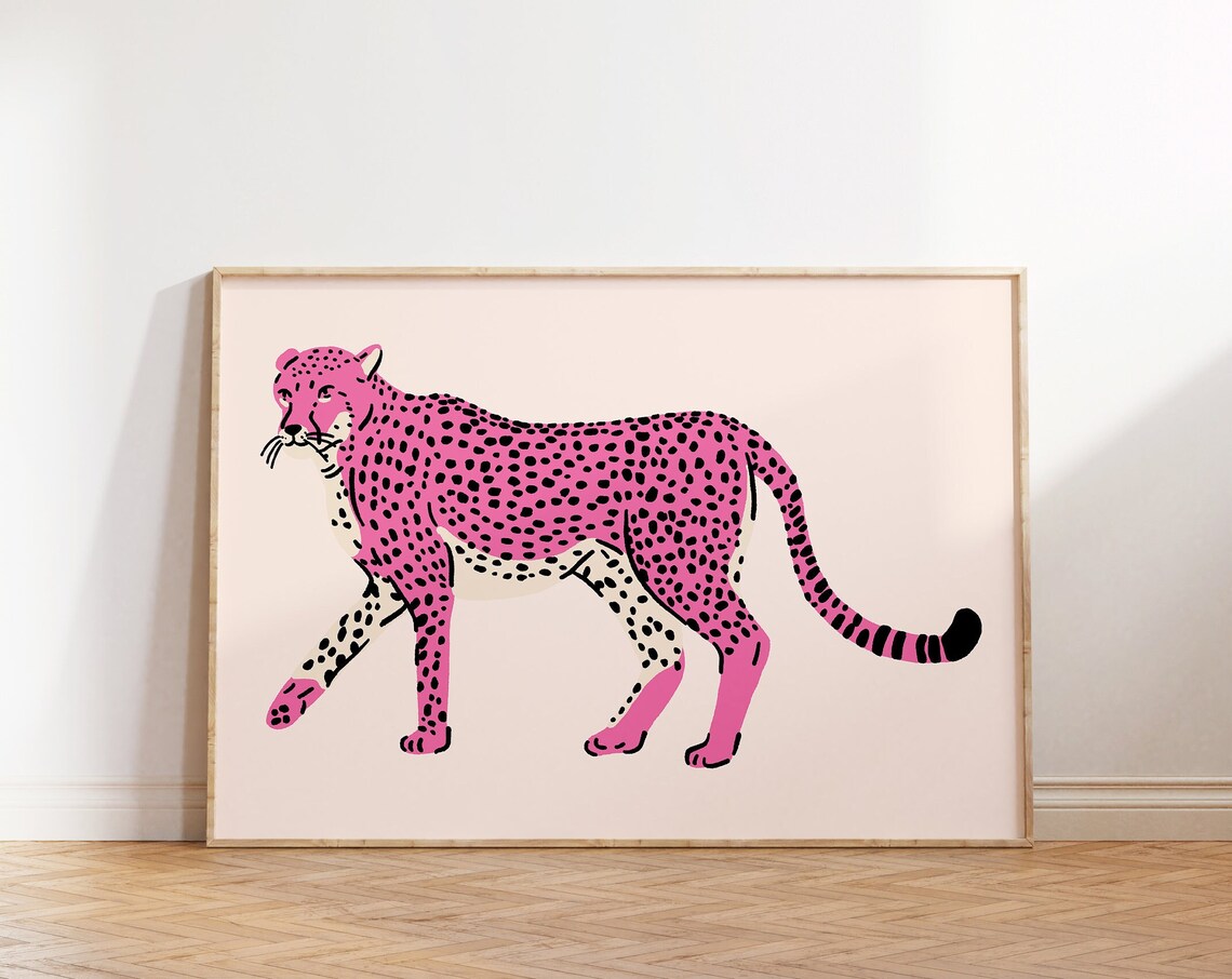 Pink Cheetah Walking Leopard Illustration Minimal Boho Jungle Art Poster