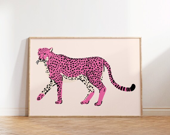 Pink Cheetah Walking Leopard Illustration Minimal Boho Jungle Art Poster