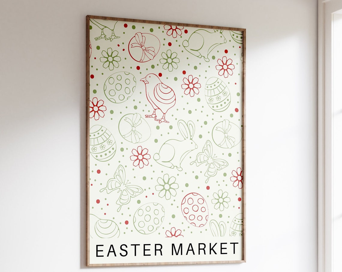 Easter Market Bunny Egg Line Doodle Spring Holiday Decor Poster