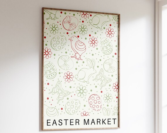 Easter Market Bunny Egg Line Doodle Spring Holiday Decor Poster