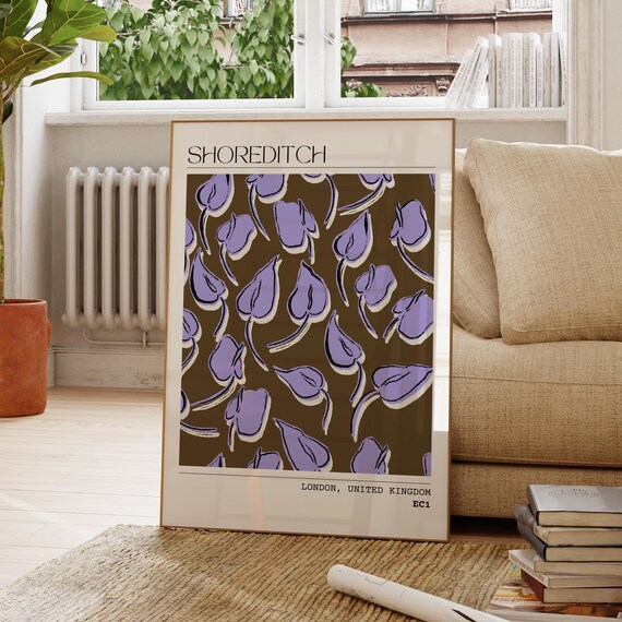 Shoreditch London Purple Tulip Floral Pattern Retro Travel Poster