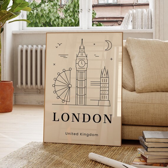 London United Kingdom Minimal Line Art Skyline With Big Ben Travel Poster