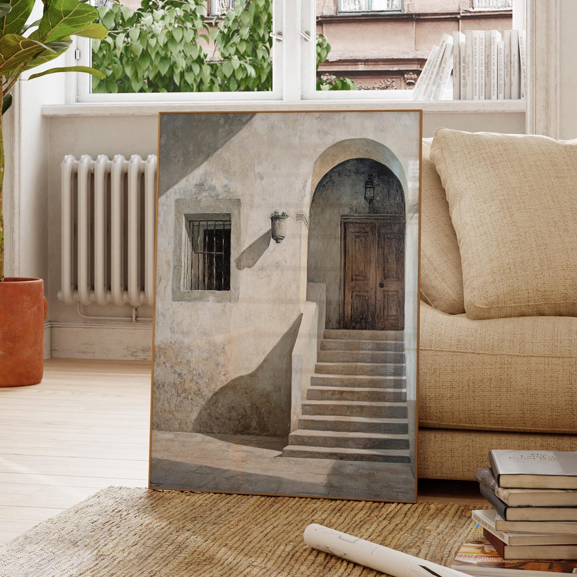 Mediterranean Arched Doorway Sunlit Stone Steps Travel Art Poster