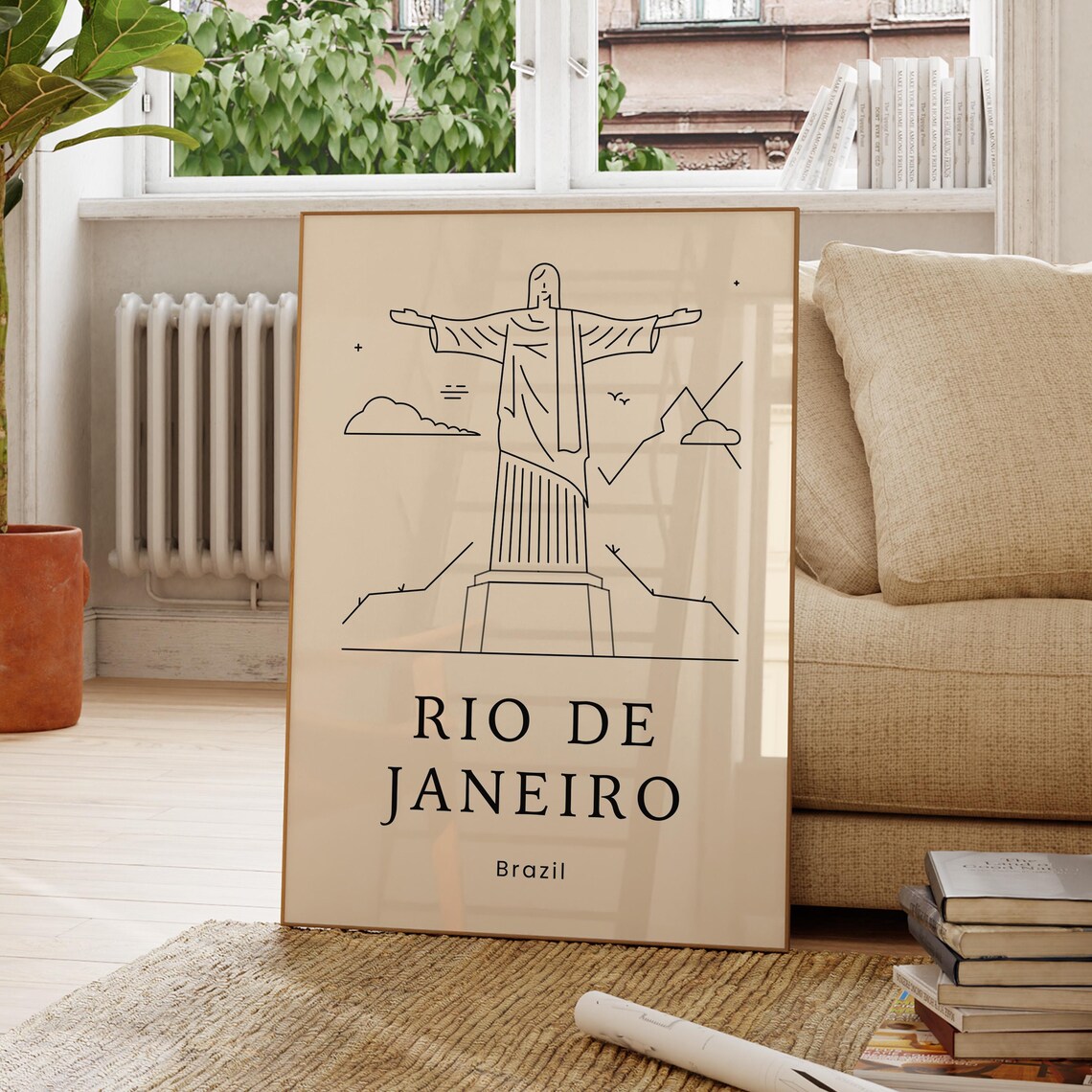 Rio De Janeiro Brazil Minimal Christ The Redeemer Line Art Travel Poster