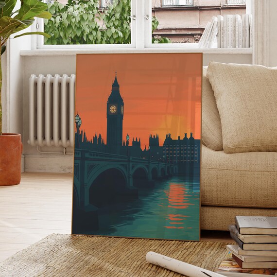 Big Ben London Orange Sunset Teal Thames Skyline Travel Poster