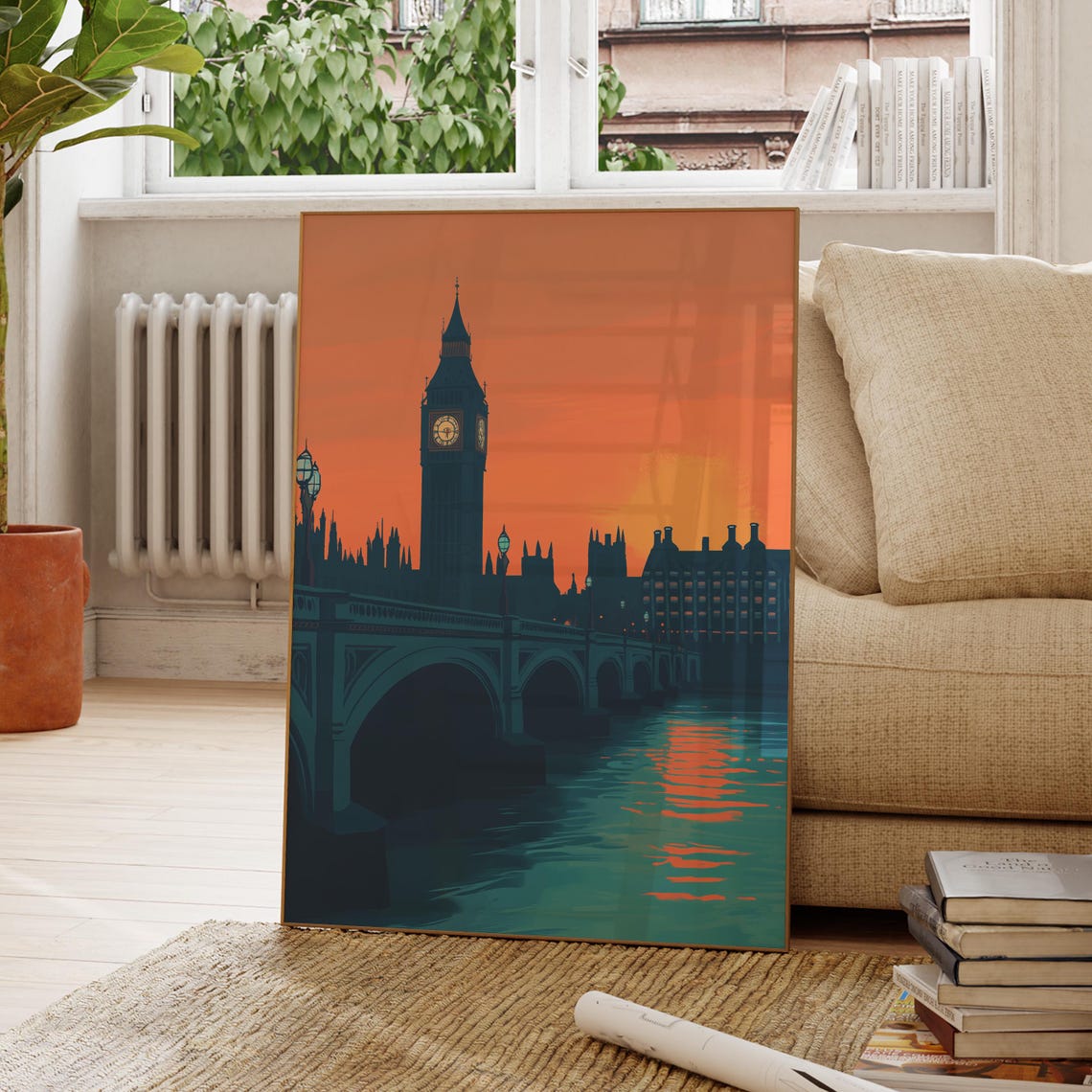 Big Ben London Orange Sunset Teal Thames Skyline Travel Poster
