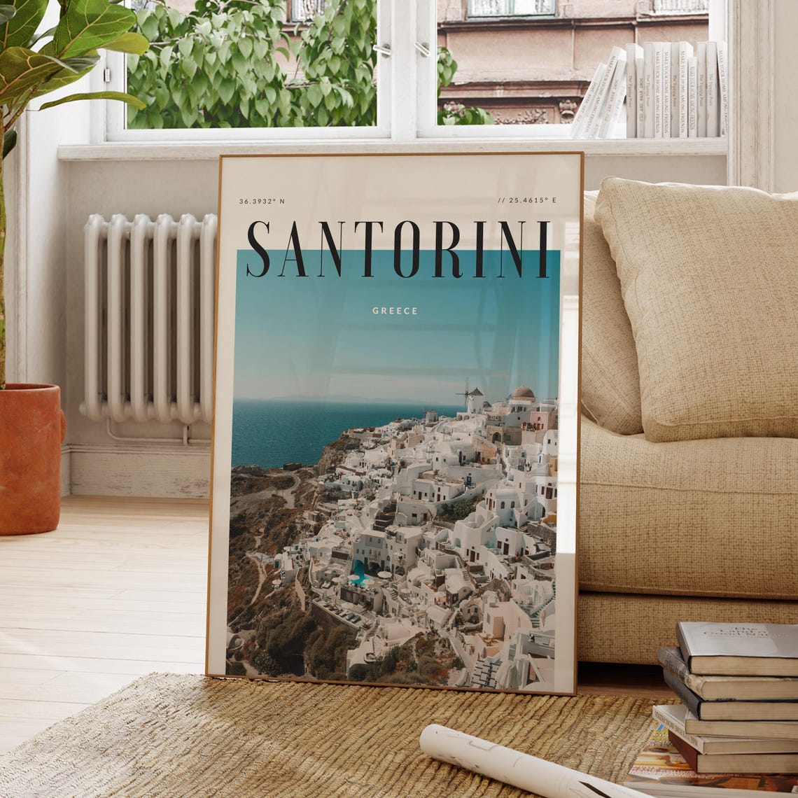 Santorini Greece White Village Blue Domes Aegean Sea Travel Poster