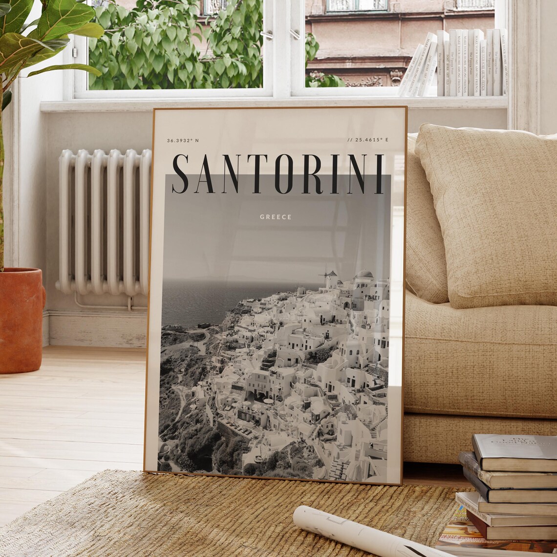 Santorini Greece Modern Travel Poster, Black And White