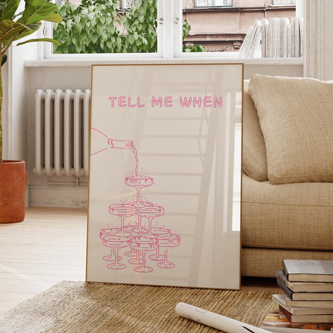 Tell Me When Champagne Tower Pink Line Art Bar Cart Decor Poster
