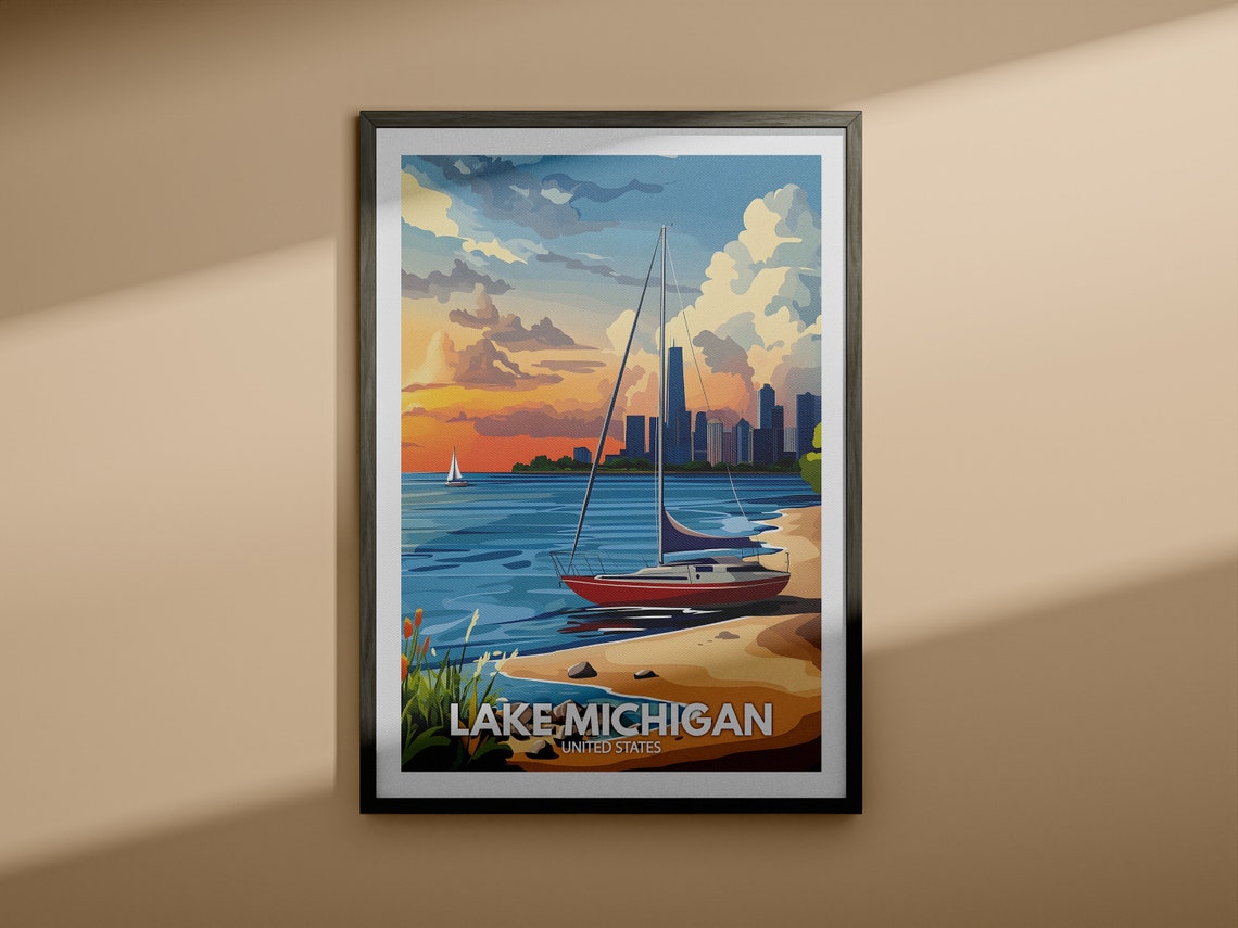 Lake Michigan Print United States Lake Michigan Poster United States Travel Poster Lake View Art Decor Holiday Poster - Image 3