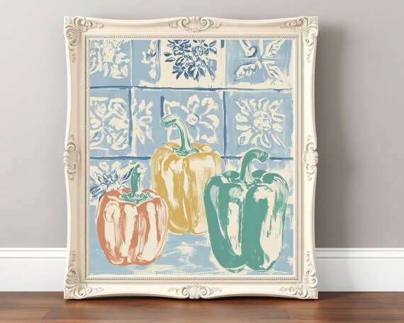 Colorful Bell Peppers Blue Tile Rustic Kitchen Vegetable Poster