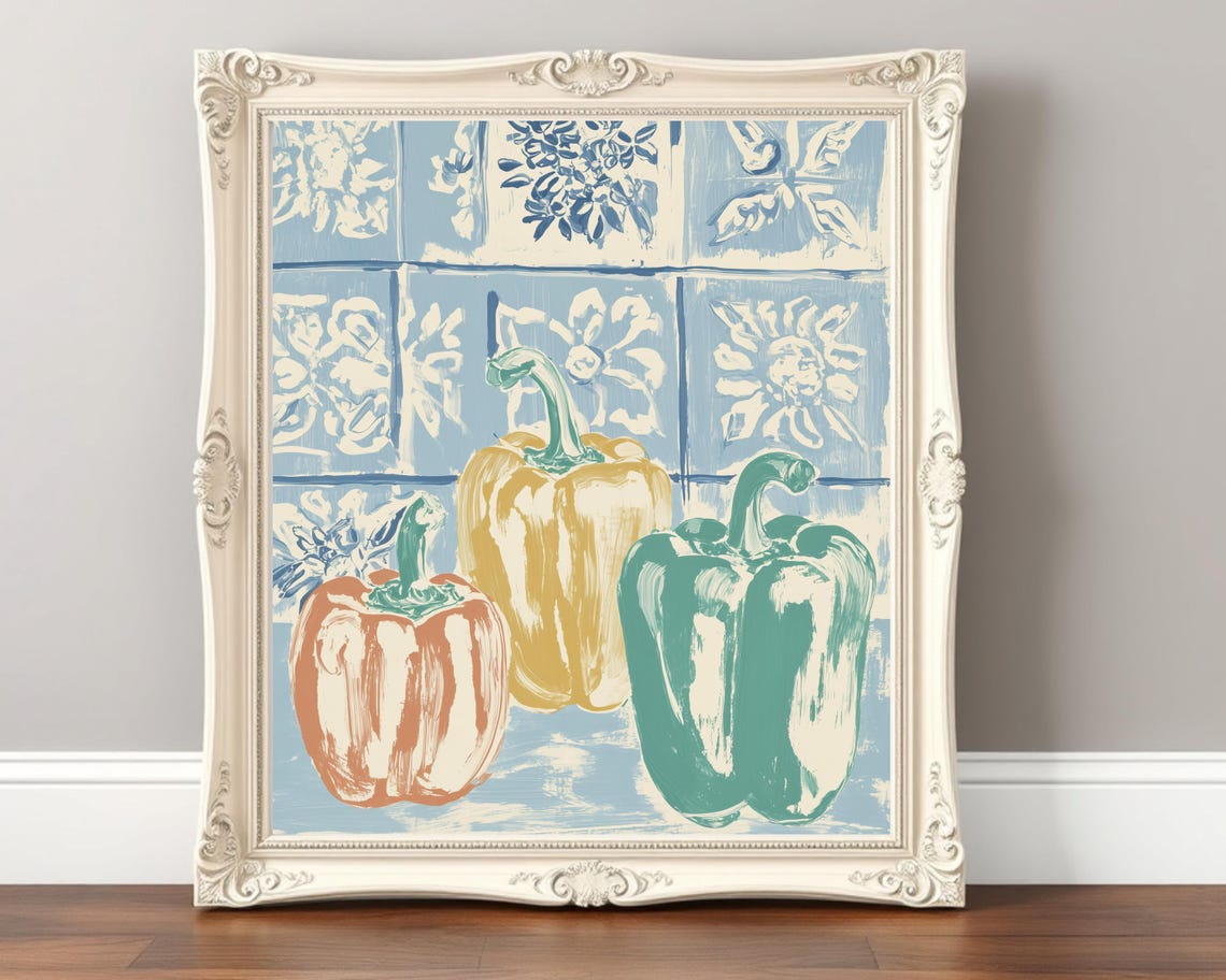 Colorful Bell Peppers Blue Tile Rustic Kitchen Vegetable Poster