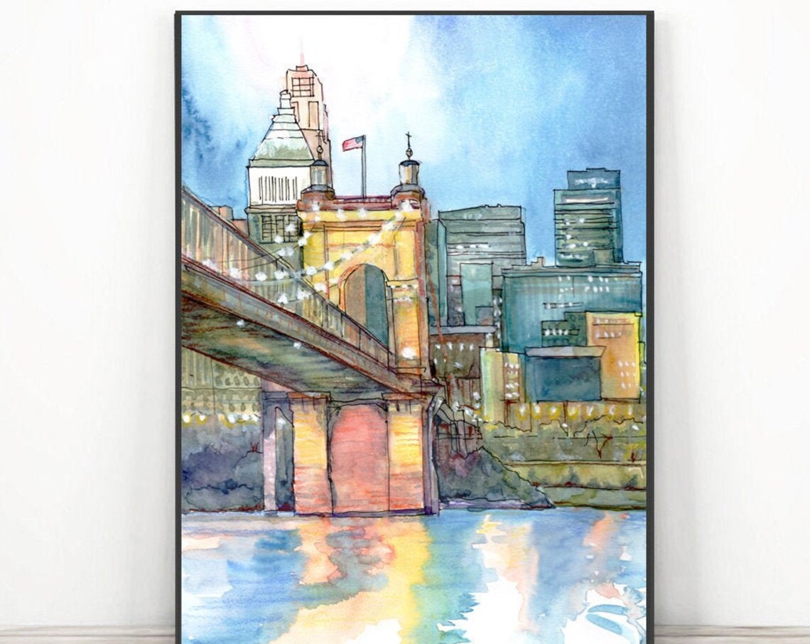 Cincinnati Skyline Watercolor Travel Poster, Cityscape