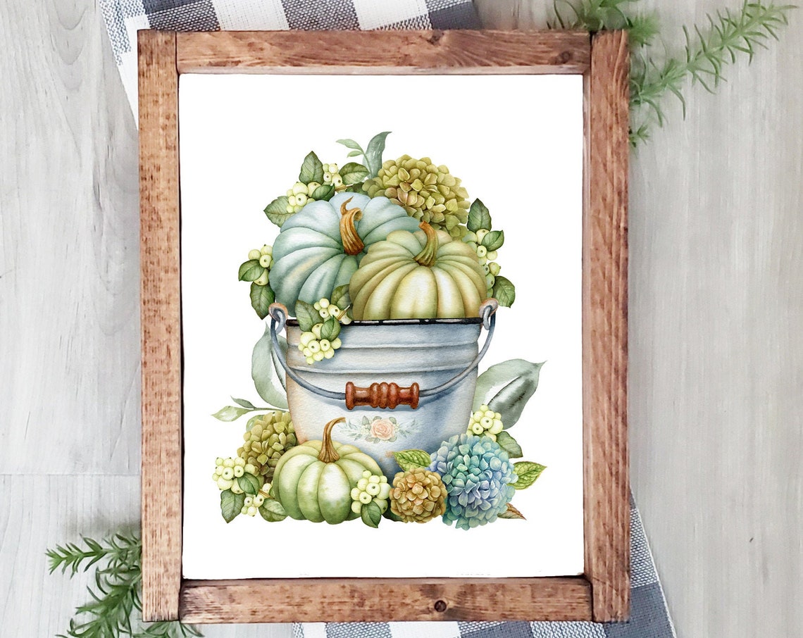 Farmhouse Bucket Pale Pumpkins Hydrangeas Fall Decor Art Print - Image 2