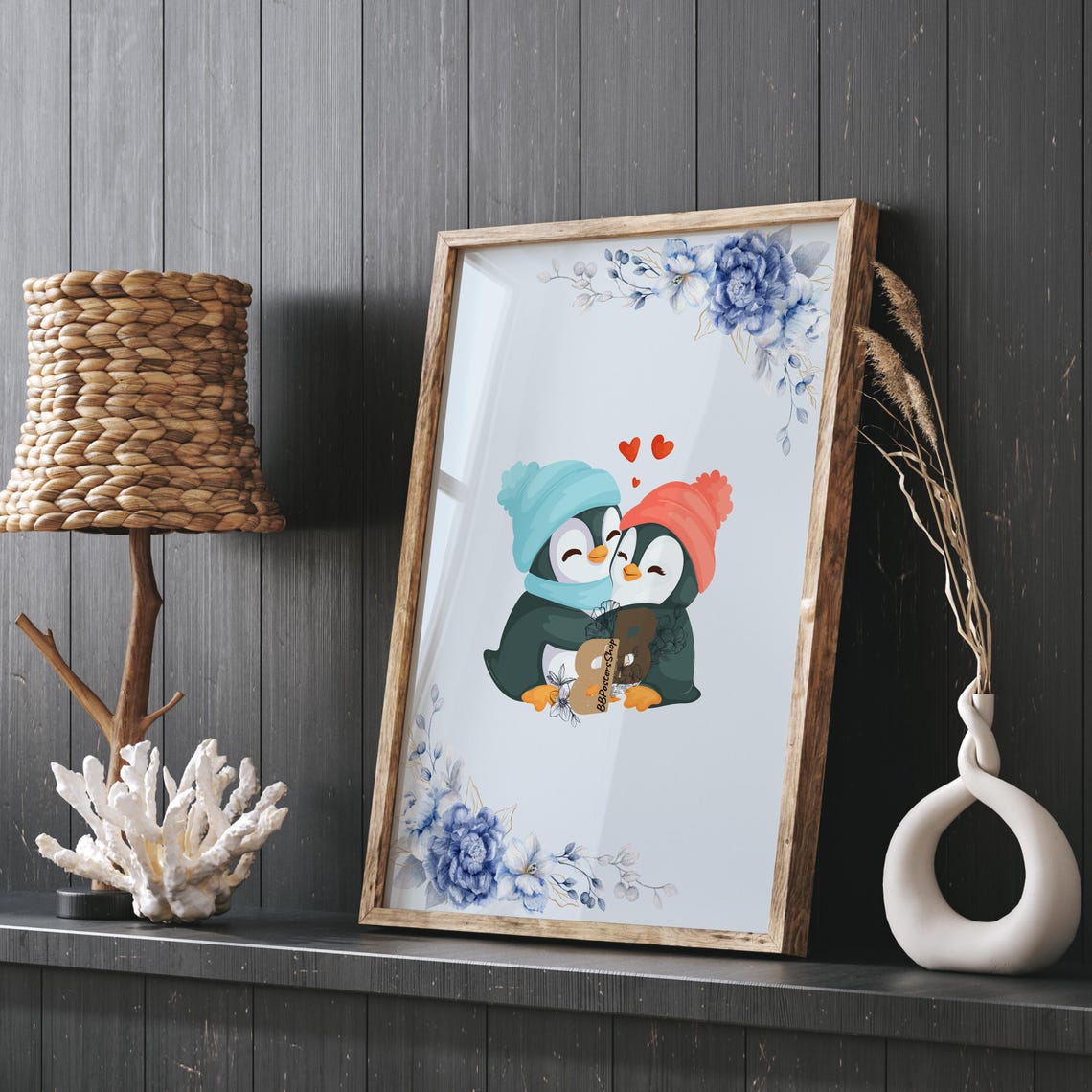 Cozy Love Penguins in Winter Hats Floral Valentine Art Poster