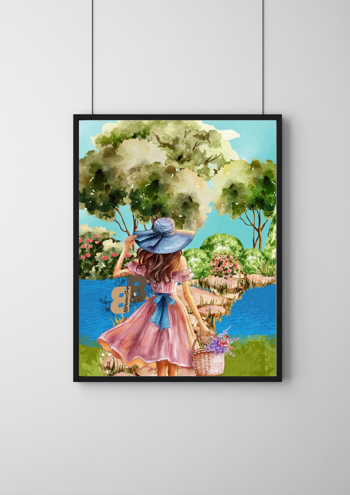 Girl with Sun Hat Walking by the River Watercolor Landscape Poster
