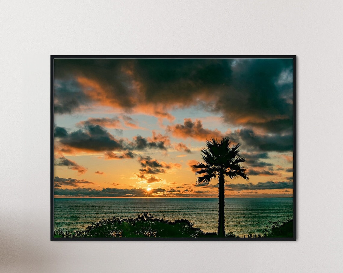 Miami Beach Sunset Palm Tree Ocean Silhouette Photography Poster