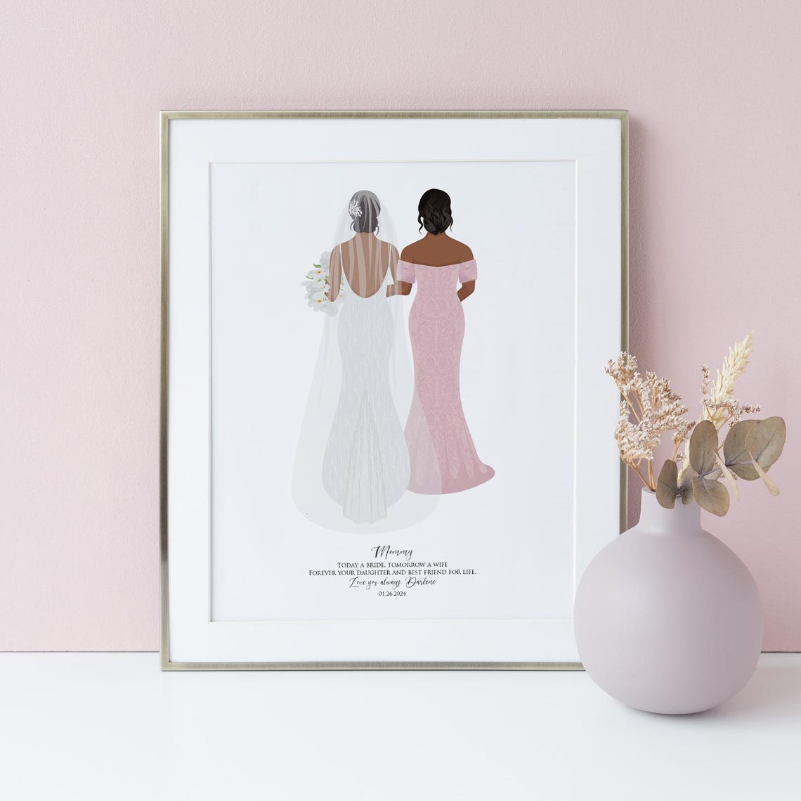 Bride With Mom in Gold Sequin Gown Back View Wedding Day Poster - Image 6