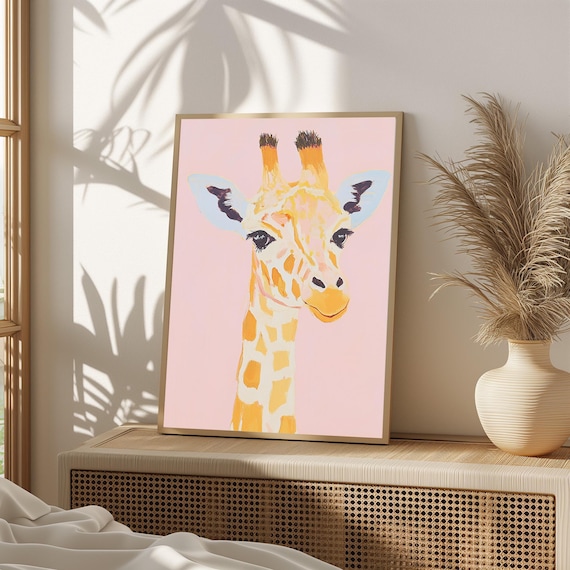 Cute Giraffe Portrait Pink Background Nursery Safari Art Poster