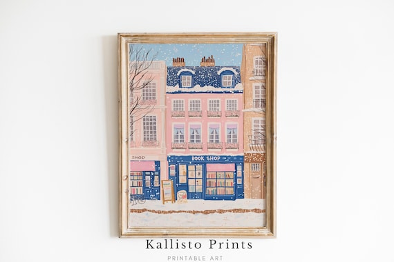 Charming Parisian Winter Book Shop Snowy Pink Building Cozy Wall Art