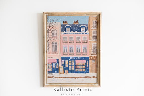 Parisian Winter Bookstore Print Cozy Snowy Street Art Pink Paris Bookshop Illustration Literary Wall Decor 964
