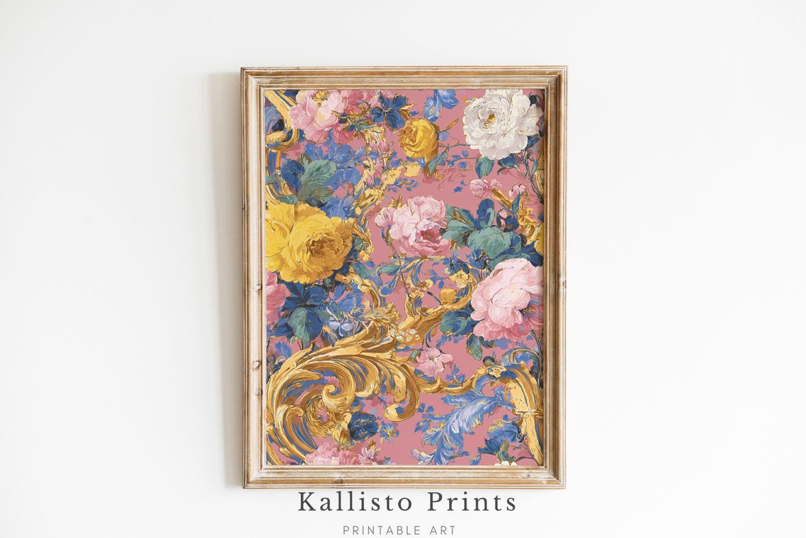 Romantic Baroque Pink Gold Roses Vintage Scroll Floral Art Poster