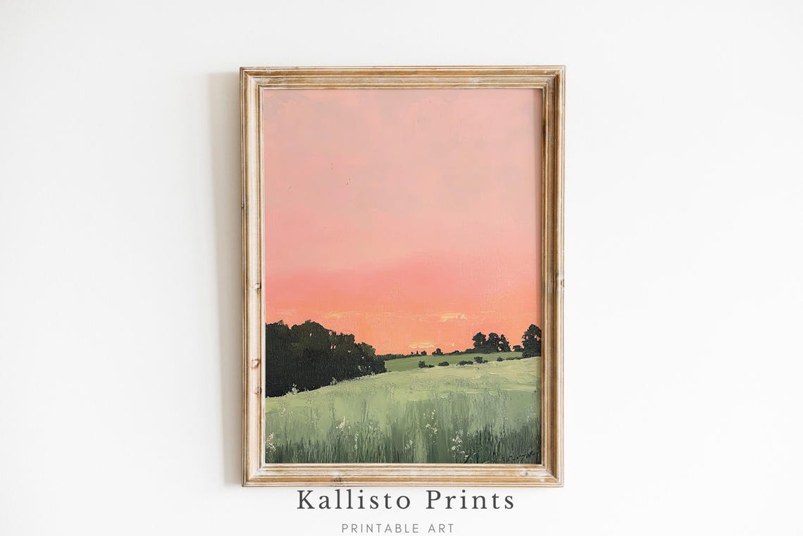 Serene Minimalist Green Field Sunset Coral Sky Pastoral Wall Art