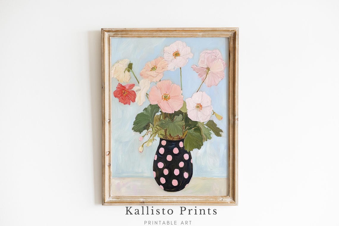 Pastel Pink Poppies In Black Polka Dot Vase Modern Floral Wall Art