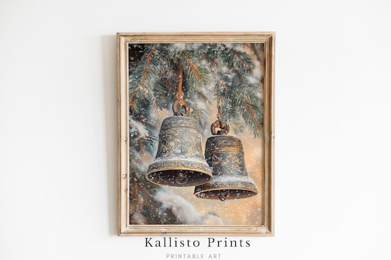 Vintage Bells and Snowy Pine, Rustic Winter Poster