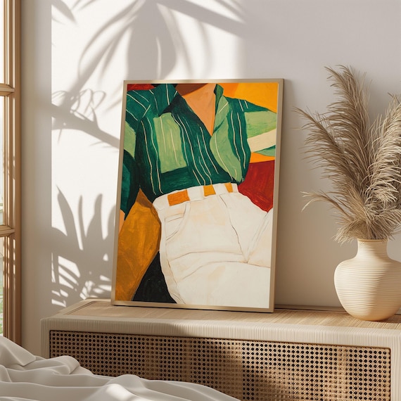 Abstract Fashion Portrait Green Striped Shirt Bold Color Block Wall Art