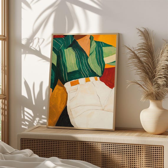 Modern Abstract Fashion Art Print Green Striped Shirt Bold Minimalist Wall Colorful Contemporary Decor708