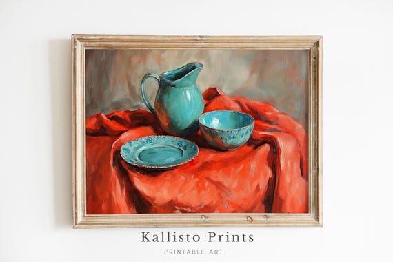 Rustic Still Life Wall Art Vibrant Kitchen Teal Ceramics And Red Fabric Painting Bold Home Decor842