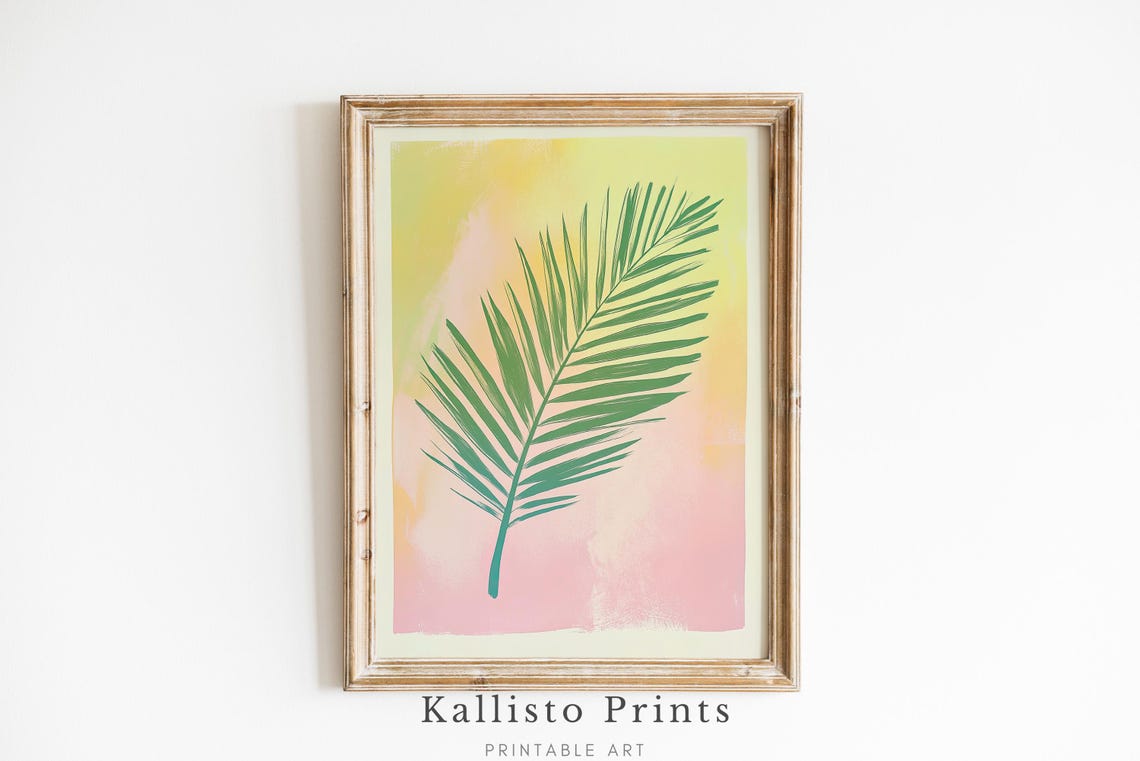 Single Green Palm Leaf Pastel Sunset Tropical Botanical Wall Art
