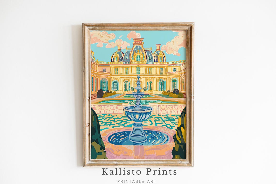 French Chteau Art Print Elegant Palace Garden Wall Parisian Architecture Illustration Luxury Home Decor Download878