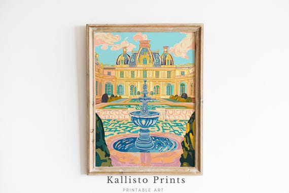 French Chteau Art Print Elegant Palace Garden Wall Parisian Architecture Illustration Luxury Home Decor Download878