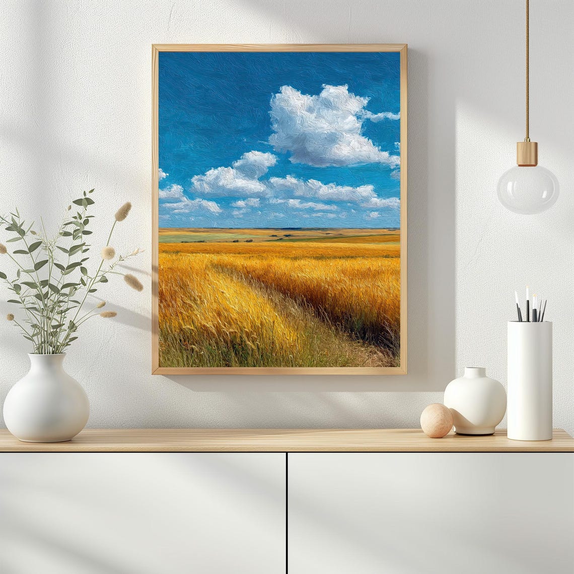 Golden Wheat Field Blue Sky Minimalist Countryside Landscape Poster