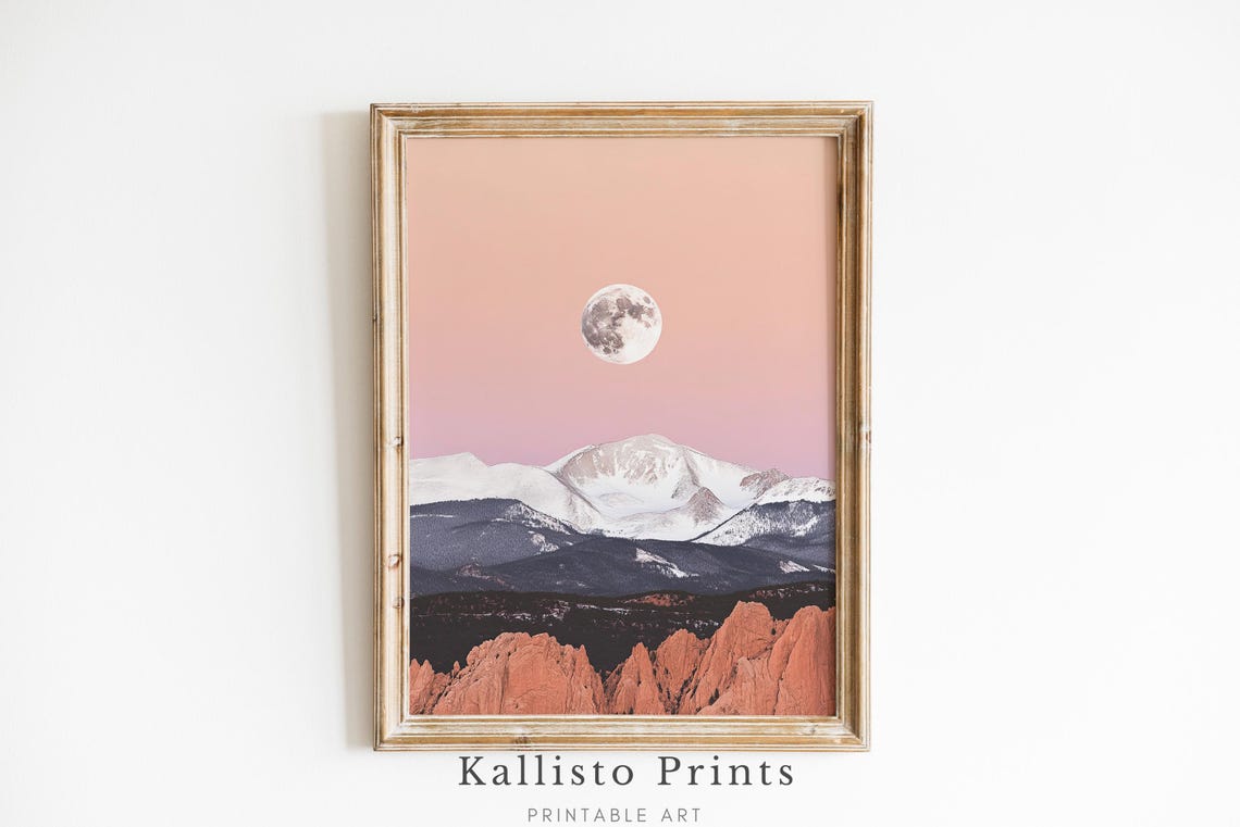 Moon Over Snowy Mountains Print Sunset Landscape Wall Art Minimalist Nature Decor Lunar Sky Illustration 970