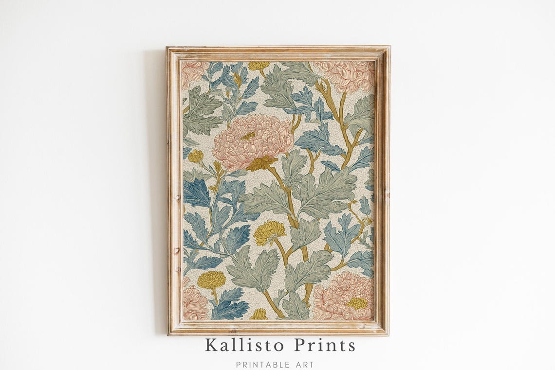 Vintage Chrysanthemum Floral Pattern Arts And Crafts Wall Art