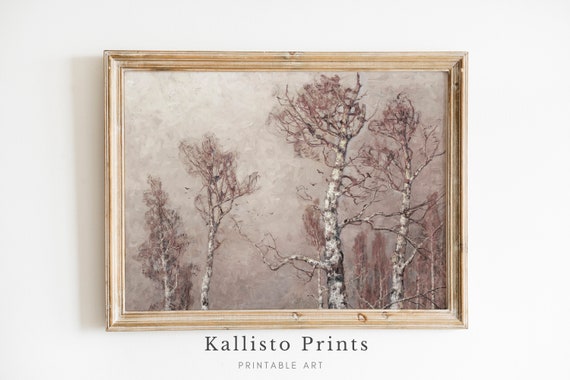 Soft Pink Sky Trees Paintingprintable Vintage Winter Landscape Painting Moody Country Scenery Wall Art Download275