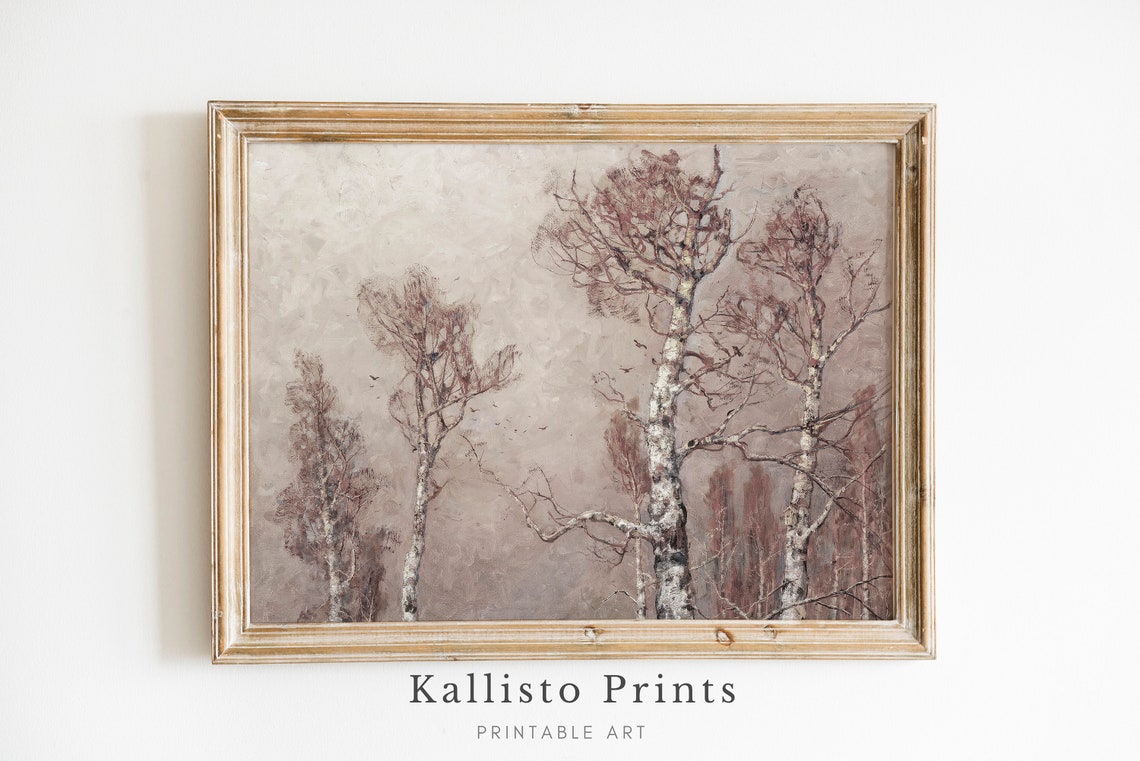 Moody Birch Trees Vintage Winter Painting Soft Neutral Art Poster