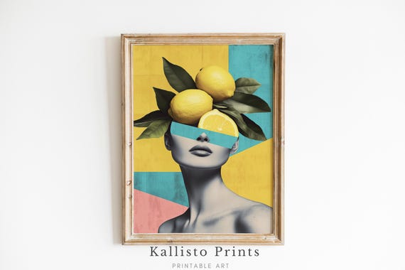 Modern Pop Art Lemon Print Bold Citrus Surrealist Wall Yellow And Teal Collage Abstract Portrait Decor398