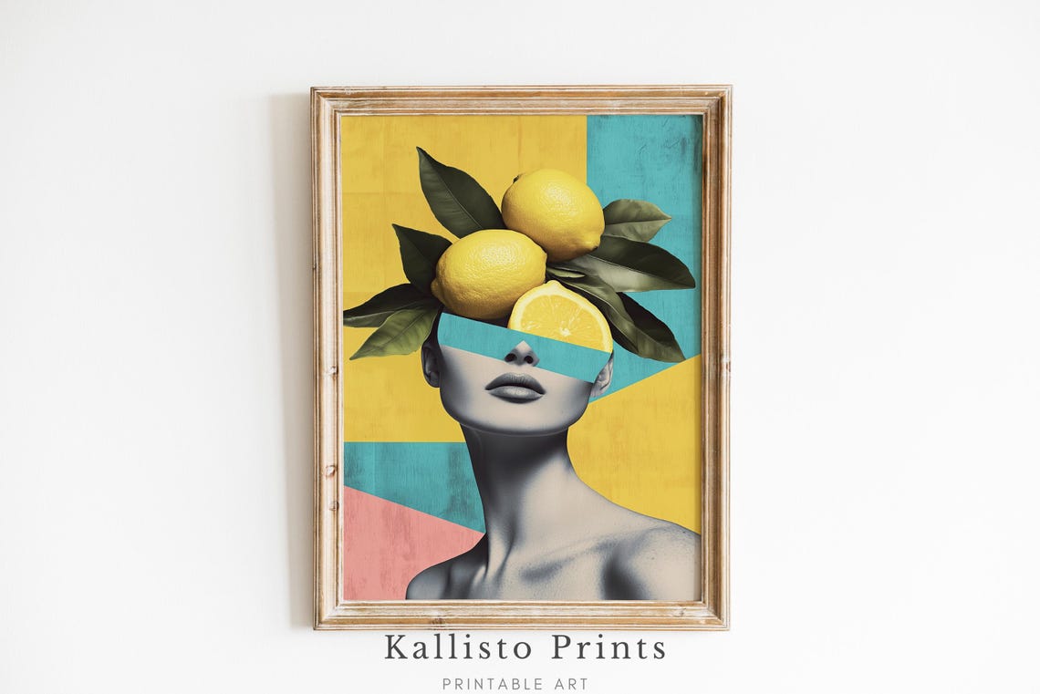 Surreal Lemon Crown Woman Pop Art Collage Yellow Teal Portrait Poster