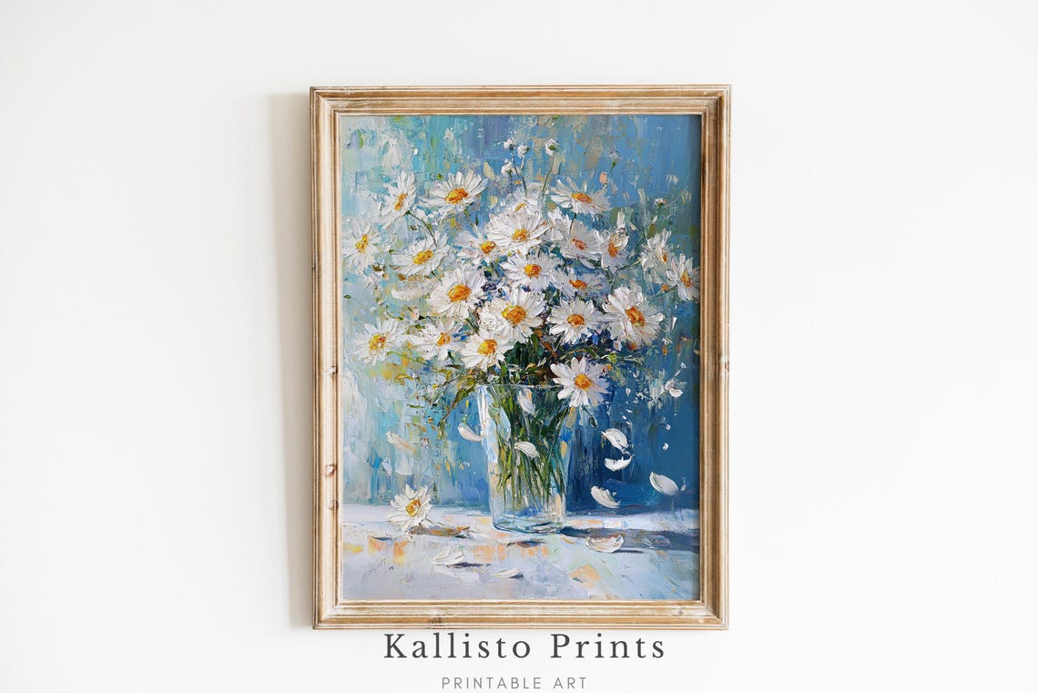 White Daisies In Glass Vase Blue Background Textured Oil Floral Poster