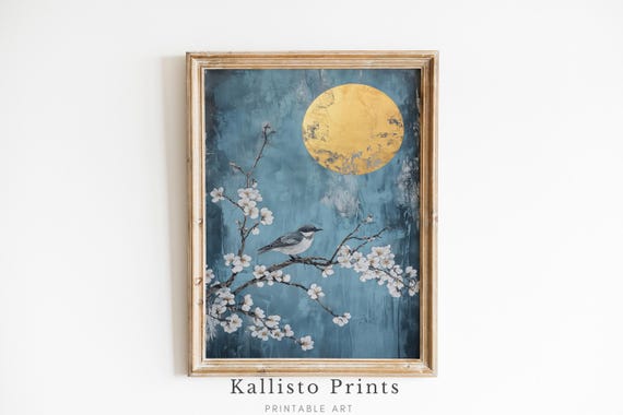 Japanese Moon Art Print Cherry Blossom Wall Decor Elegant Bird Painting Minimalist Asian Nature Artwork Tranquil Blue Home 947