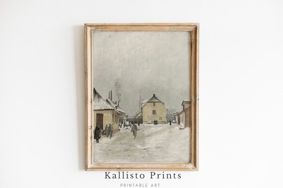 Antique Winter Street Old Village Figures Snow Sepia Painting Poster